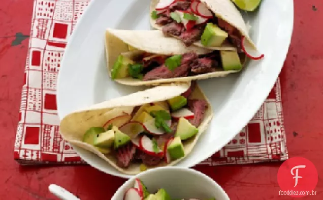 Tacos de carne com rabanete e Salsa de abacate