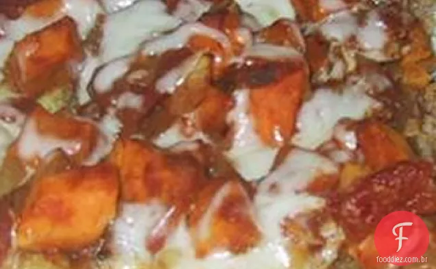 Batata doce e pizza de lentilha vermelha com curry