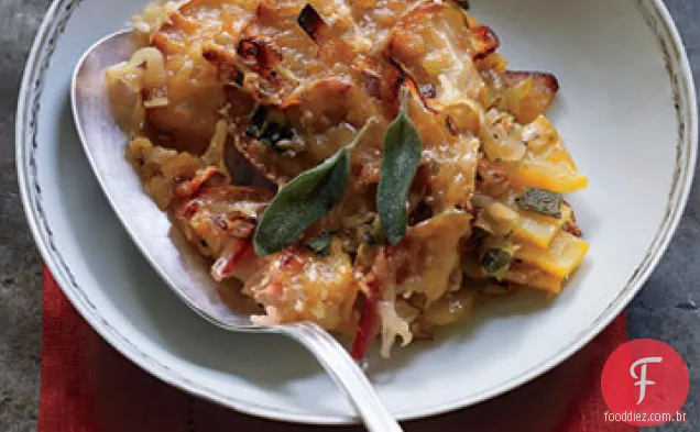 Maçã, alho-poró e abóbora Gratinada