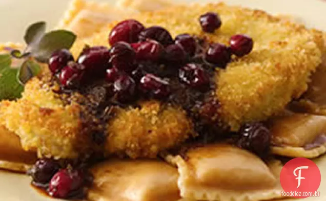 Vieira de peru e Ravioli de abóbora com manteiga marrom de Cranberry