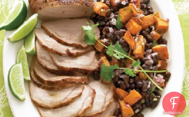 Lombo de porco assado com feijão preto e Salada De Batata-Doce