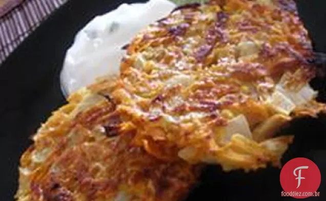 Panquecas de batata doce com molho de iogurte de coentro e limão
