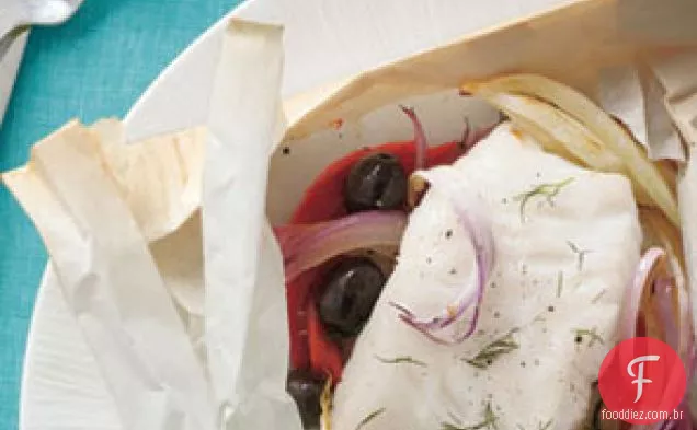 Branzino En Papillote Com Pimentos Torrados, Azeitonas Pretas E Fe