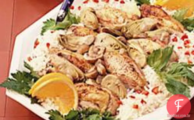 Frigideira frango e alcachofras
