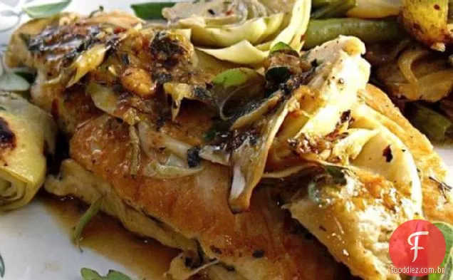 Frango grego refogado e alcachofras