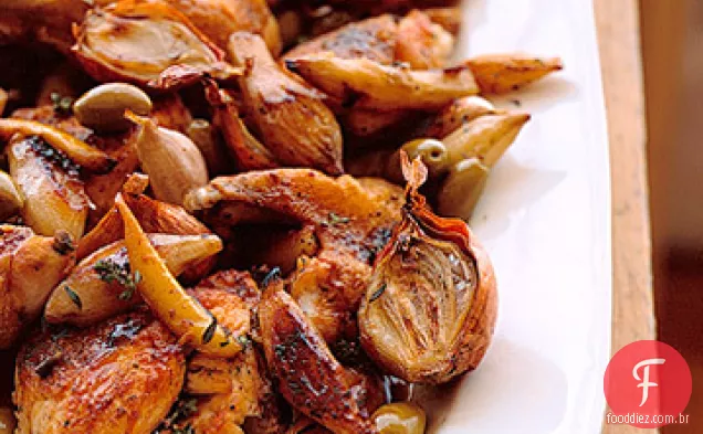 Frango assado e alcachofras de Jerusalém