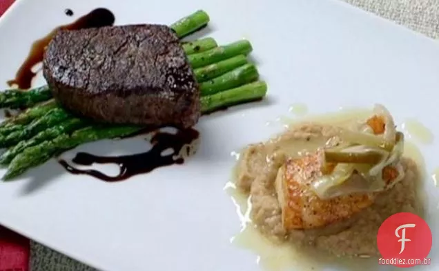 Filé mignon assado na panela com aspargos Robalo com purê de couve-flor assada