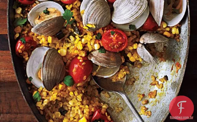 Paella com Poblanos, milho e amêijoas