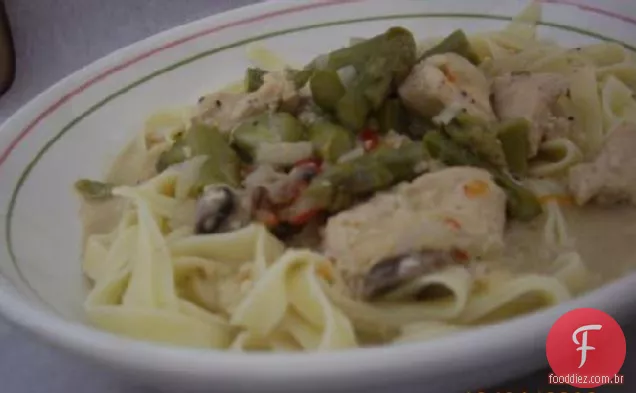 Fettuccini com espargos e frango com alho