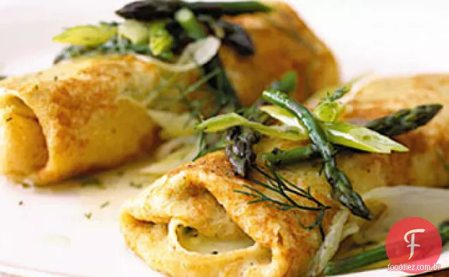 Queijo Matzo Blintzes com aspargos e endro
