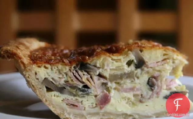 Alho-poró, presunto e quiche de cogumelos