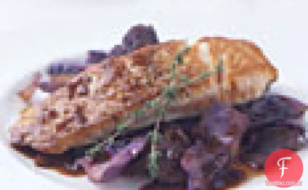 Salmão grelhado sobre Repolho roxo e cebola com Merlot Gastr