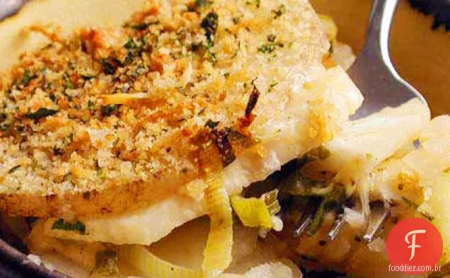 Batata, aipo-rábano e gratinado de cebola verde