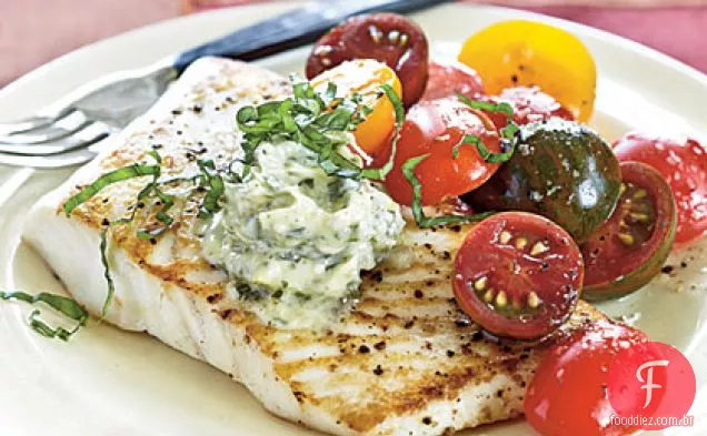 Alabote salteado com manteiga de limão-Pesto
