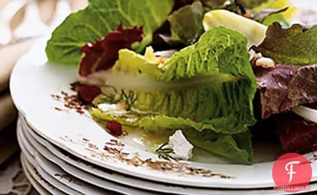Salada verde misturada com laranja, Cranberry, Chèvre e vinagrete de bordo-Xerez