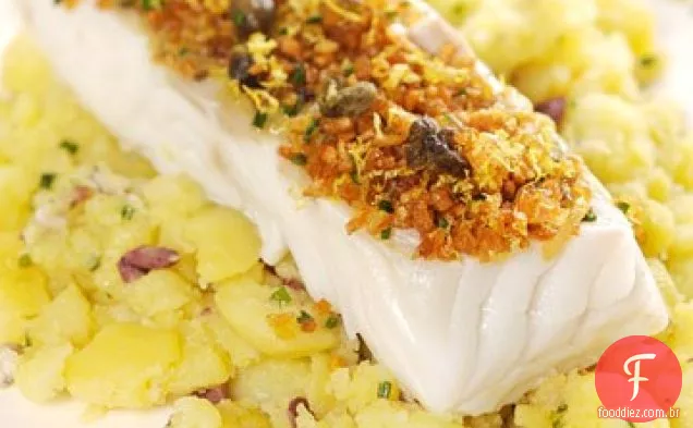 Bacalhau com batatas trituradas e emulsão de anchova-azeite