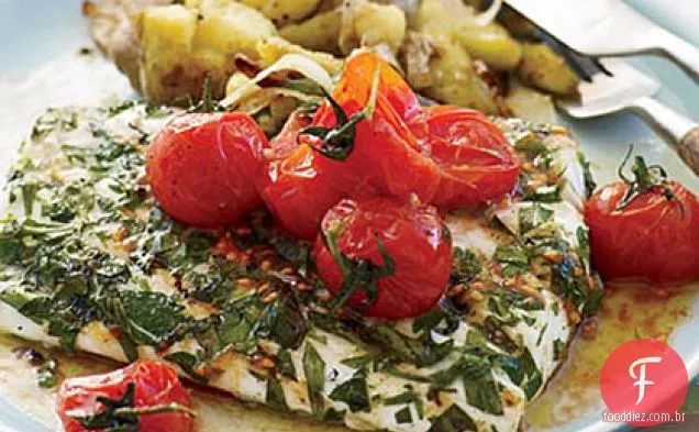 Alabote grelhado com alevinos esmagados e manteiga de tomate