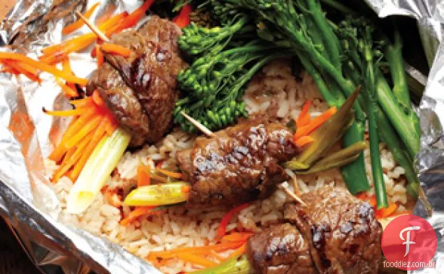 Carne Negimaki com Broccolini e arroz