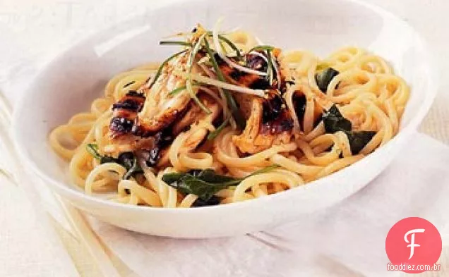 Udon gelado com frango e espinafre doce e picante