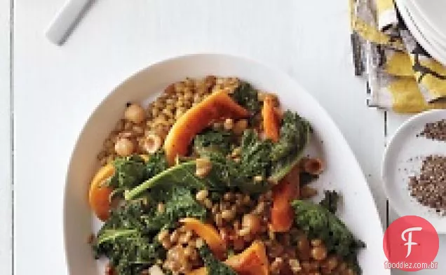 Freekeh Com Abóbora Assada, Couve Grelhada E Caramelo