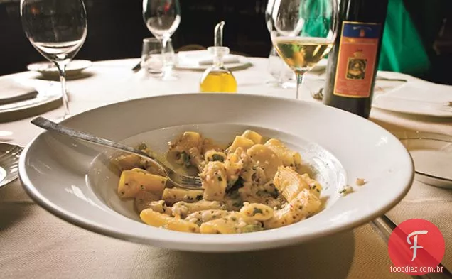Rigatoni com camarão, Calamari e manjericão