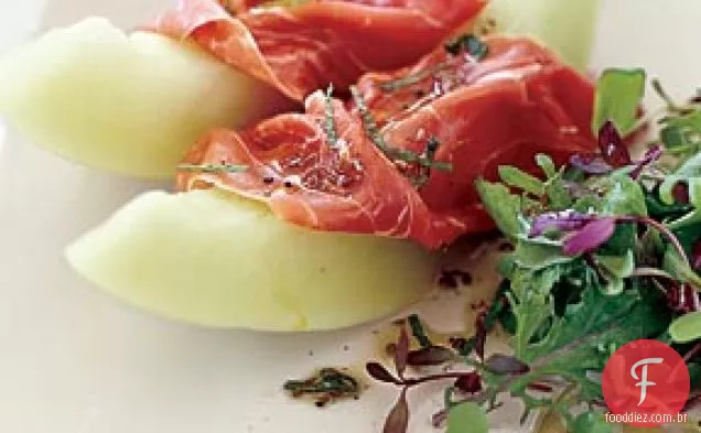 Melada e Prosciutto com verduras e vinagrete de hortelã
