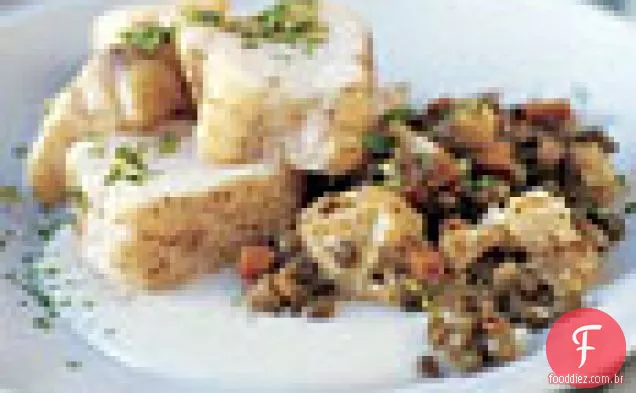 Tamboril assado com lentilhas Curry e couve-flor de manteiga dourada