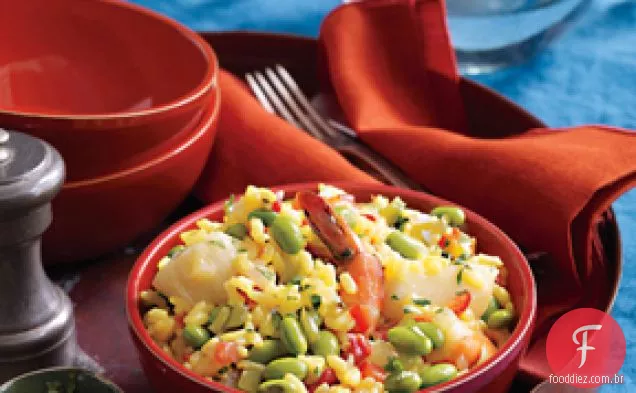 Paella de frutos do mar com Edamame