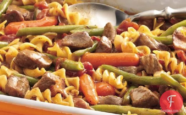 Carne, Bacon e macarrão assar