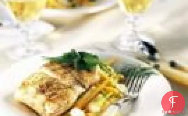 Alabote salteado com legumes salteados para bebés