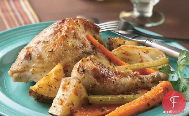 Ervas e alho frango e legumes