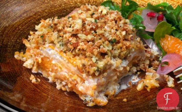 Raiz de aipo e gratinado de abóbora com noz-tomilho Streusel