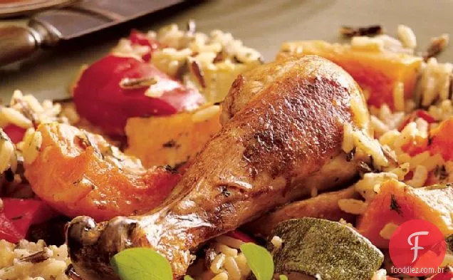 Frango assado e arroz com legumes de outono