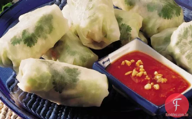 Rolinhos primavera de peixe vegetariano com molho de imersão