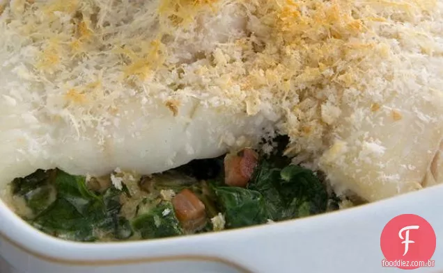 Finnan Haddie com espinafre e Pancetta