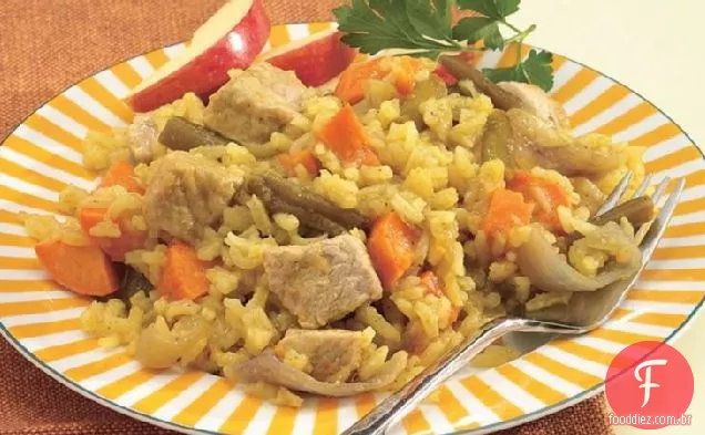 Colher carne de porco, batata doce e arroz