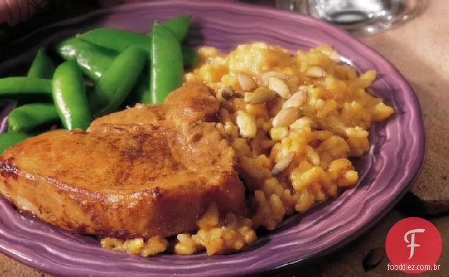 Costeletas de Porco de bordo com risoto de abóbora
