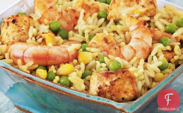 Camarão rápido e Paella de frango