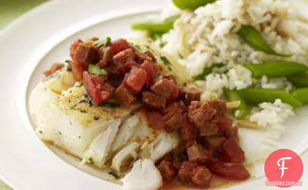 Bacalhau com chouriço e arroz de feijão verde amêndoa