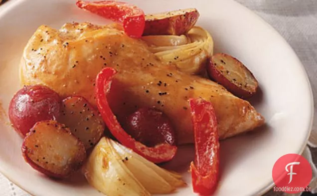 Frango e legumes com mostarda e mel torrado