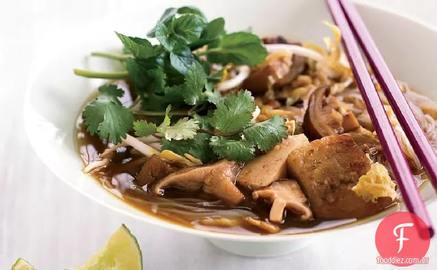 Tofu, berinjela e sopa de macarrão Shiitake