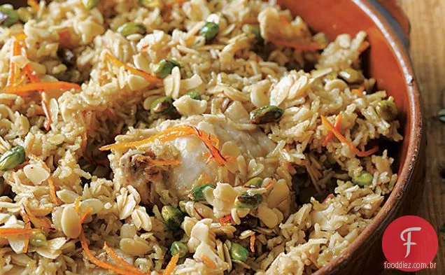 Frango refogado e arroz com laranja, Açafrão, amêndoa e xarope de pistache