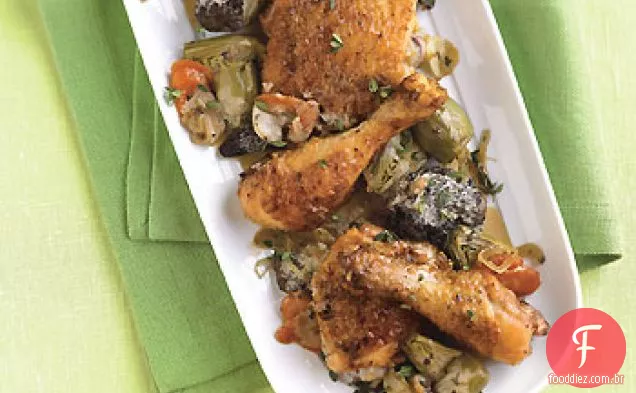 Frango e alcachofra Fricassée com cogumelos Morel