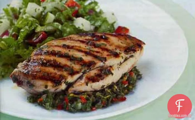 Frango grelhado com Chutney de hortelã, laranja e Chile