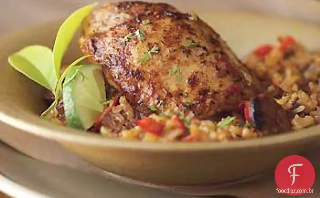 Coxas de frango com especiarias Cubanas com chouriço e arroz