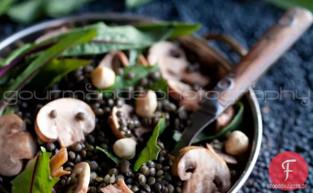 Salada de lentilha Beluga preta com cogumelos e vinagrete de mostarda / farto sentir boa comida