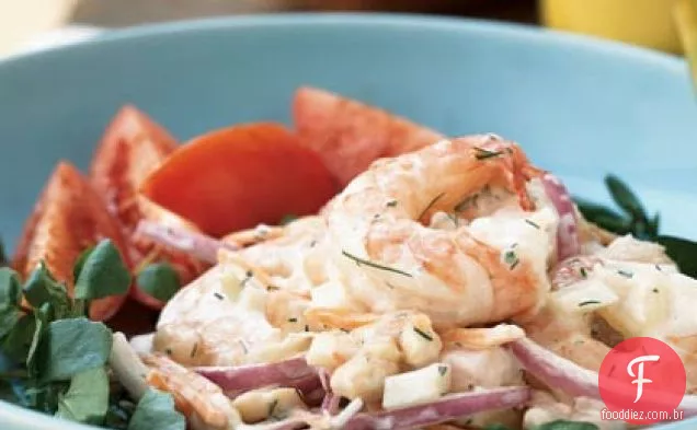 Salada de camarão e Feijão Branco Com Molho Cremoso de limão e endro