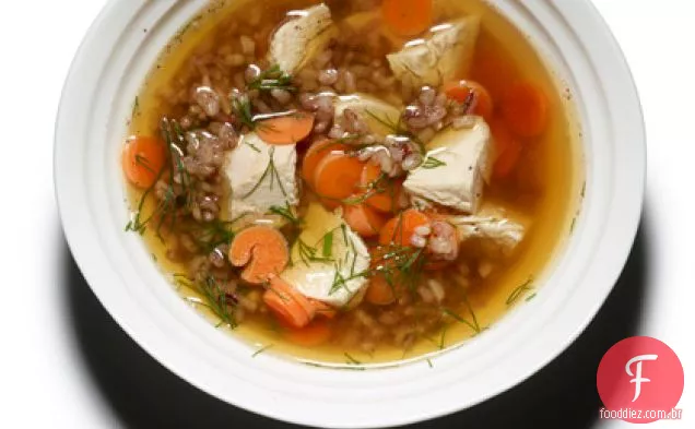 Frango assado e sopa de arroz