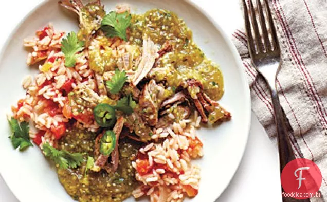 Chili verde assado com carne de porco e arroz