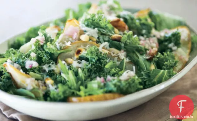 Verduras de inverno com peras assadas e Pecorino